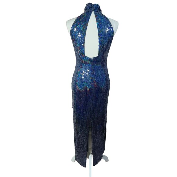 Adrianna Papell Evening Dress Navy Blue Iridescent Sequins Column Gown Size 2 - Picture 6 of 11